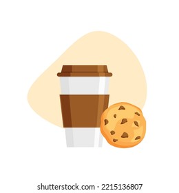 Chocolate cookie with crumbs and coffee icon in trendy flat style. Drink take away. Traditional chip cookies with hot beverage. Vector illustration.