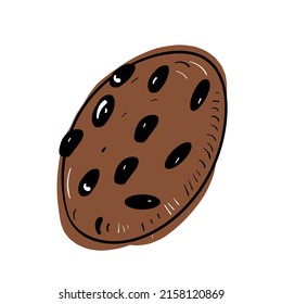 Chocolate cookie doodle illustration. Tasty bakery vector icon. Black line art with color on white background.