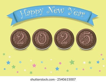 Galleta de chocolate Feliz Año Nuevo 2025. El número 2025 es como unas artísticas galletas de chocolate con crema. El fondo es amarillo con estrellas. El Anuncio es azul con texto blanco. 