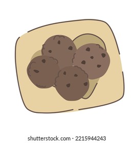 Chocolate cookie on a silver platter drawn in doodle style. Vector illustration.