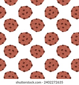 Chocolate cookie pattern. Seamless pattern of homemade cookie with chocolate chips. Chocolate biscuit pattern on white background. Cartoon vector pattern chocolate cookie.