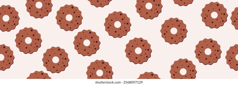 Chocolate Cookie seamless pattern. Biscuit with crips. Sweet pastry print for cafe and bakery. Vector