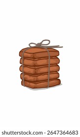 Chocolate cookie squares stacked and tied. Food art drawing 
