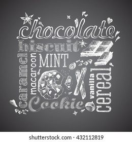 Chocolate cookie vector with chocolate drops, nuts, vanilla, cinnamon. Letter design hand drawn vector isolated for bakery shop, confectionery with different words and elements on a black background.