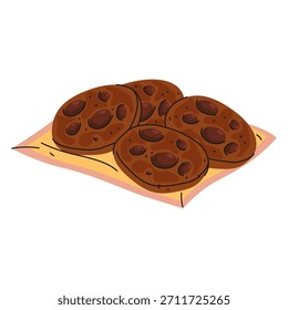 Galleta de chocolate o bocadillo de galleta al horno dulce de Vector. Chips de cacao o postre casero crujiente. Confitería de panadería o masa crujiente redonda. Nutrición y merienda, porción de plato, golosina de horno. Receta culinaria.