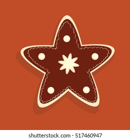 Chocolate cookie with white vanilla cream decoration in shape of star
Christmas bakery vector icon