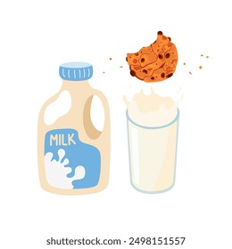 Chocolate cookies biscuit sweets with glass of milk. A packet of milk. Breakfast vector illustration design. A healthy breakfast