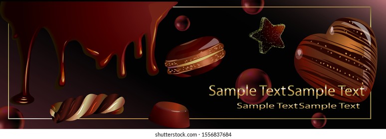 
Chocolate cookies and candies on a brown background. A drip of chocolate. Vector illustration of sweets on a brown background.
