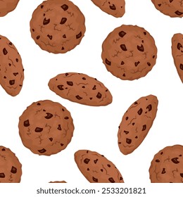 Galletas de chocolate con chispas de cacao. Fondo de comida dulce. Ilustración plana de dibujos animados de Vector de hornear. Patrón sin fisuras.