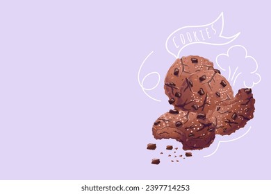 Chocolate cookies. Doodle.Vector crunchy dessert with chocolate pieces. Vector illustration in cartoon style. A piece of finished chocolate cookies with scattered crumbs. Vector mockup for print, post