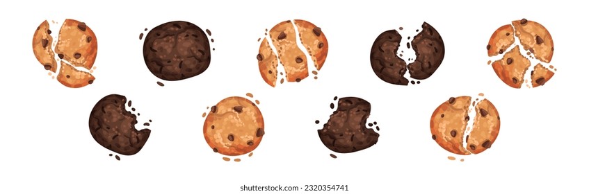 Chocolate Cookies with Drops and Crumbs Vector Set