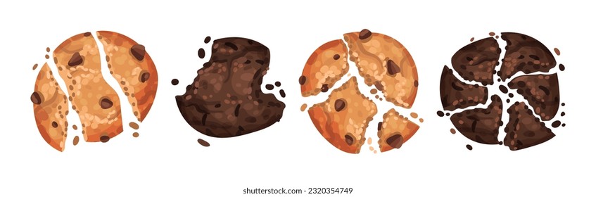 Chocolate Cookies with Drops and Crumbs Vector Set