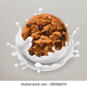 Chocolate cookies and milk splash. Realistic illustration. 3d vector icon