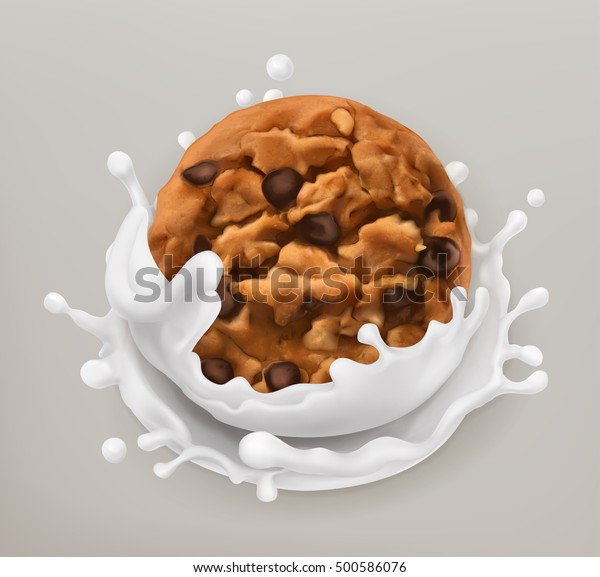 チョコレートクッキーとミルクスプラッシュ リアルなイラスト 3dベクター画像アイコン のベクター画像素材 ロイヤリティフリー