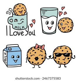 Chocolate cookies and milk vector bundle hand drawn colors illustration isolated on white for print or desing. Cute cookies love glass of milk in cartoon style. Love sweet food