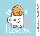 Chocolate Cookies and Milk vector Card Background with text. Vintage cookies and milk cute character illustration Romantic Cookie Day for design.
