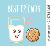 Chocolate Cookies and Milk vector Card Background with text Best Friends. Vintage cookies and milk cute character illustration Romantic Cookie Day for design.