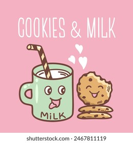 Chocolate cookies and milk vector card hand drawn pink background illustration with text . Cute cookies love milk in cartoon style. Love sweet food