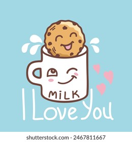 Chocolate Cookies and Milk vector Card Background with text. Vintage cookies and milk cute character illustration Romantic Cookie Day for design.