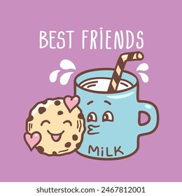 Chocolate Cookies and Milk vector Card Background with text Best Friends. Sweet Cookies and milk cute character illustration Romantic Cookie Day for design.