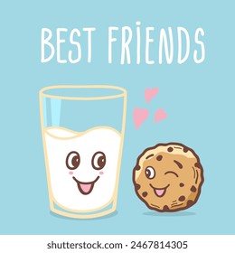 Chocolate Cookies and Milk vector Card Background with text Best Friends. Vintage cookies and milk cute character illustration Romantic Cookie Day for design.