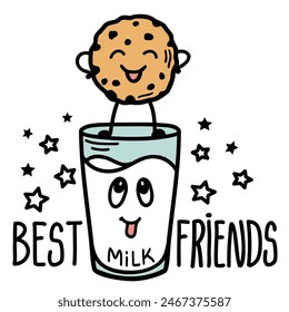 Chocolate cookies and milk vector hand drawn colors illustration isolated on white for print or desing. Cute funny cookie love glass of milk in cartoon style. Cookie and milk best friends.