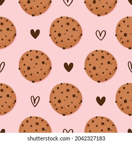 Chocolate cookies on rose background - funny hand drawn doodle, seamless pattern. Cartoon background, texture for Christmas wrapping paper, bedsheets, pajamas.