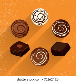Chocolate and cookies on yellow background.