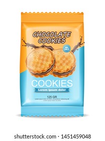 Chocolate cookies package Vector realistic. Product placement mock up. Sweet dessert chocolate splash design. 3d illustration