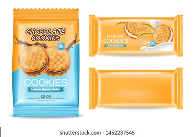 Chocolate cookies package Vector realistic. Product placement mock up. Sweet dessert chocolate splash design. 3d illustration