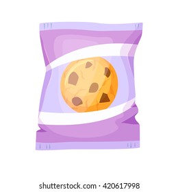 Chocolate cookies packing vector illustration. Breakfast snack. Fast food. Cartoon wrapper  template