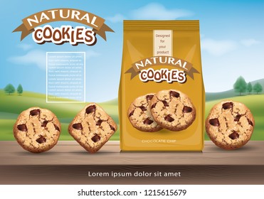 Chocolate cookies paper packages on colored background. 3d illustration
