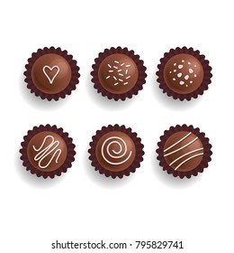 Chocolate cookies set. Sweet candies. Isolated on white. Vector. Top view.