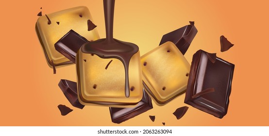 Chocolate cookies splashing isolated on solid color background, Vector realistic in 3d illustration.