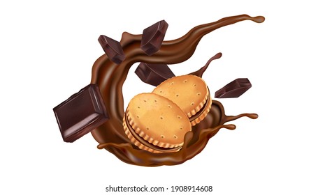 Galletas de chocolate con chocolate salpicando en el medio aisladas sobre un fondo de color sólido. Vector realista en ilustración 3d.