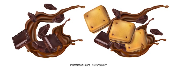 Galletas de chocolate con chocolate salpicando en el medio aisladas sobre un fondo de color sólido. Vector realista en ilustración 3d.