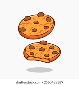 Chocolate cookies, sweet dessert icon vector illustration designed in cartoon flat style. Bitten cookies and whole cookies. Isolated on white background.