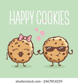 Chocolate Cookies vector Card Background with text Happy Cookies. Cute cartoons happy funny two Cookies Romantic Love style illustration for design. 