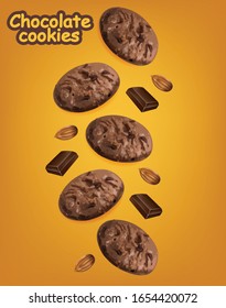 Chocolate cookies vector realistic. Declious dessert falling cookies. 3d detailed product package or label backgrounds