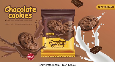 Chocolate cookies vector realistic mock up. Declious dessert falling cookies with chocolate and milk splash. 3d detailed product packages