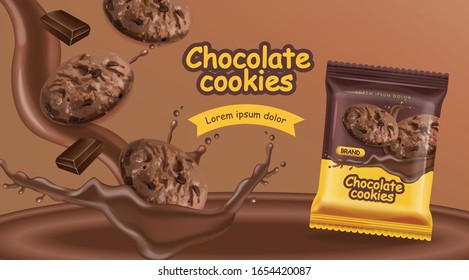Chocolate cookies vector realistic mock up. Declious dessert falling cookies with chocolate splash. 3d detailed product package. label advertise packs