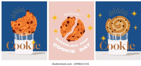 Chocolate cookies vintage poster design. Bakery shop social media. Good for bakeries, cafe, shops, banners, flyers, confectioners. Cookies with chocolate chips in a transparent glass of milk