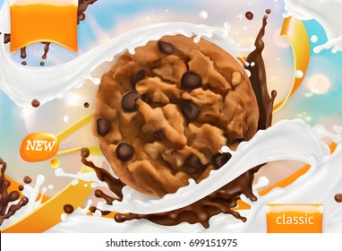 Chocolate cookies. White milk splash. 3d realistic vector, package design