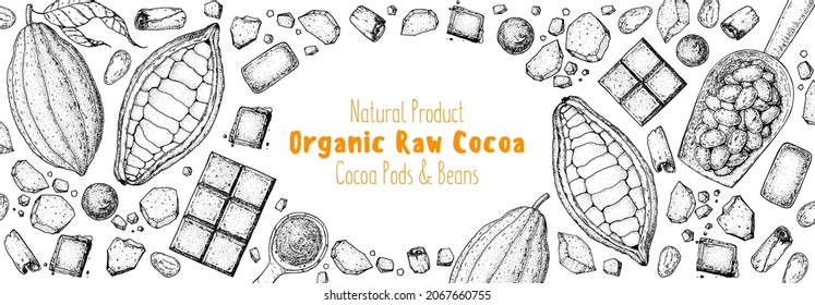 Chocolate cooking and ingredients for chocolate, sketch illustration. Cocoa pod and cocoa products. Vector illustration. Super food frame. Healthy food, design elements. Hand drawn, package design.