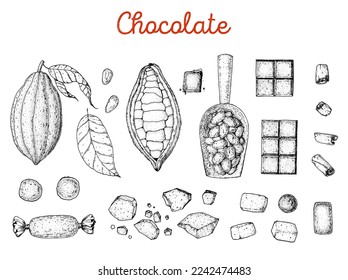 Chocolate cooking and ingredients for chocolate, sketch illustration. Cocoa pod and cocoa products. Vector illustration. Super food. Healthy food, design elements. Hand drawn, package design.