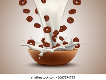 Chocolate corn rings in big milk splash advertising flyer vector illustration. High quality art for cereal product ads broshure, poster or label design