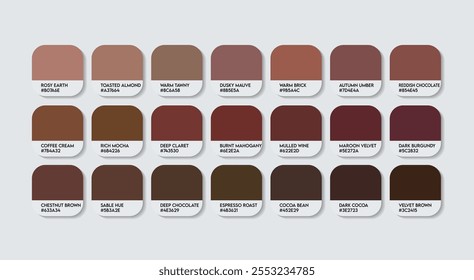 Chocolate Cosmos Flower Color Palette, Chocolate Cosmos Flower Color Guide Palette with Color Names. Catalog Samples of Chocolate Cosmos colors with RGB HEX codes. Fashion Trend brown color tones