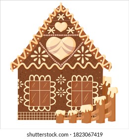 chocolate cottage with cream decorations, cookies, Christmas sweets and treats, gingerbread house shaped gingerbread cookies with decorations,. Vector illustration