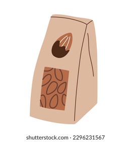 Chocolate covered almonds, healthy dessert icon, vector doodle illustration of delicious vegan snack, roasted nuts with chocolate topping, natural plant-based on the go food, isolated colored clipart
