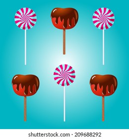 Chocolate covered apple and lollipop vector illustration on blue background.